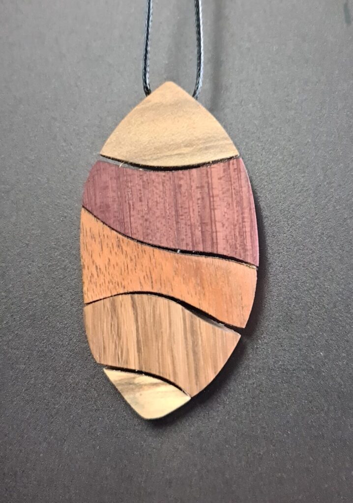Large Shield Segmented Pin rare wood necklace back