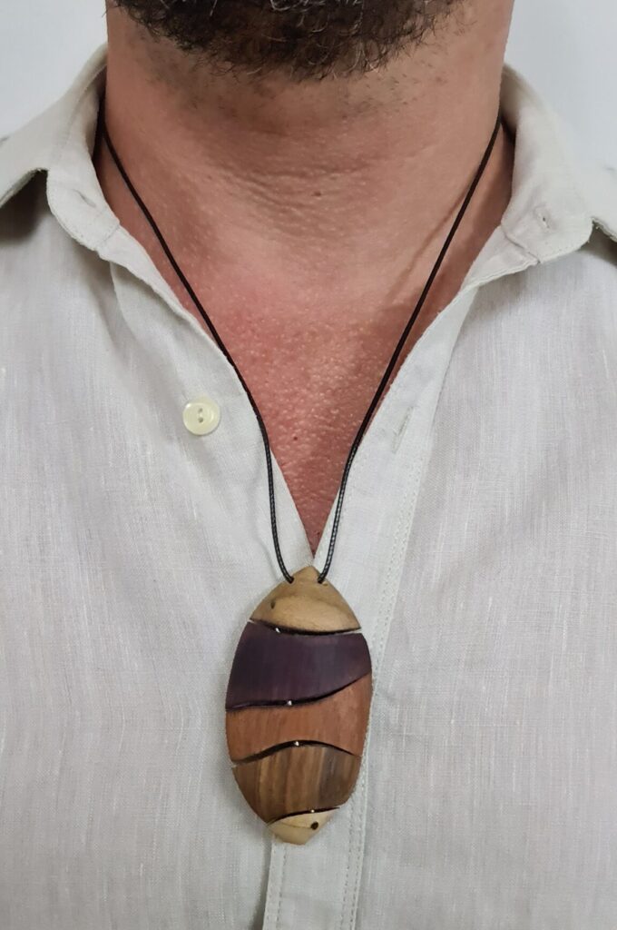 Large Shield Segmented Pin rare wood necklace
