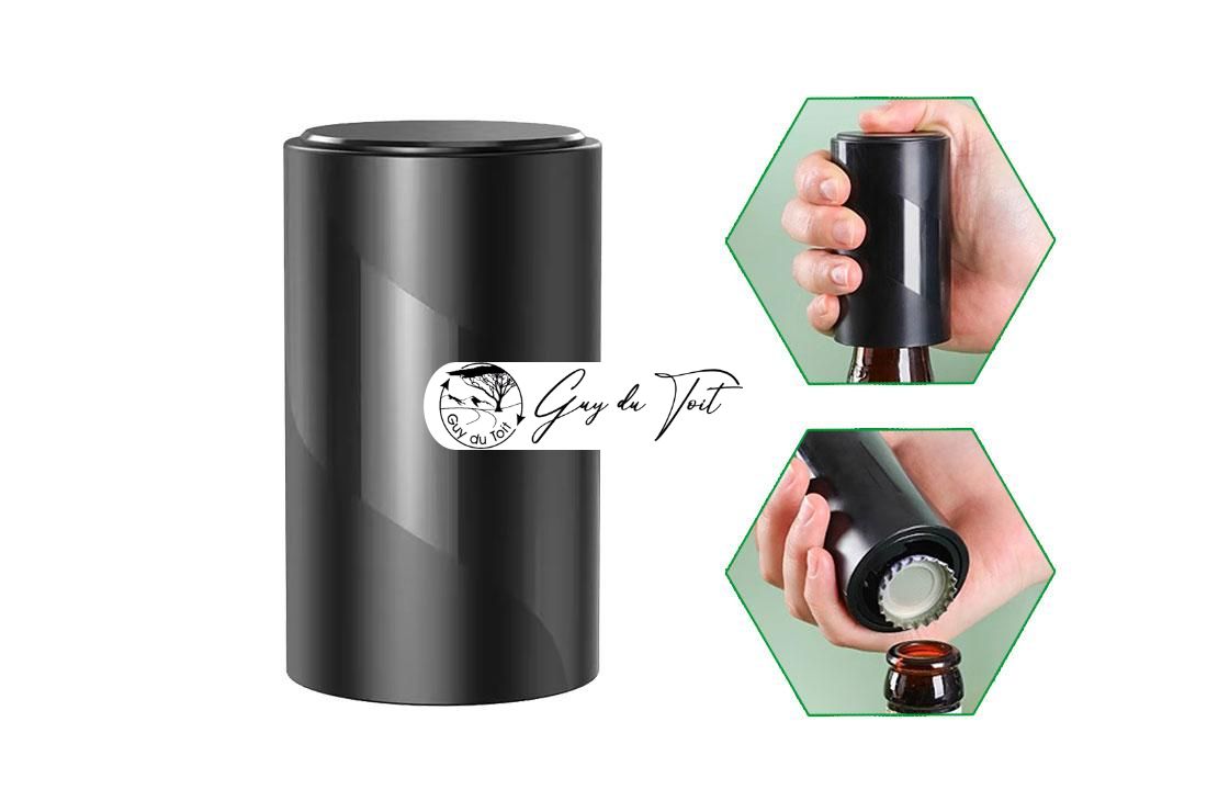 Abridor automático de botellas negro con capuchón magnético, perfecto para hacer un asa de madera a medida.