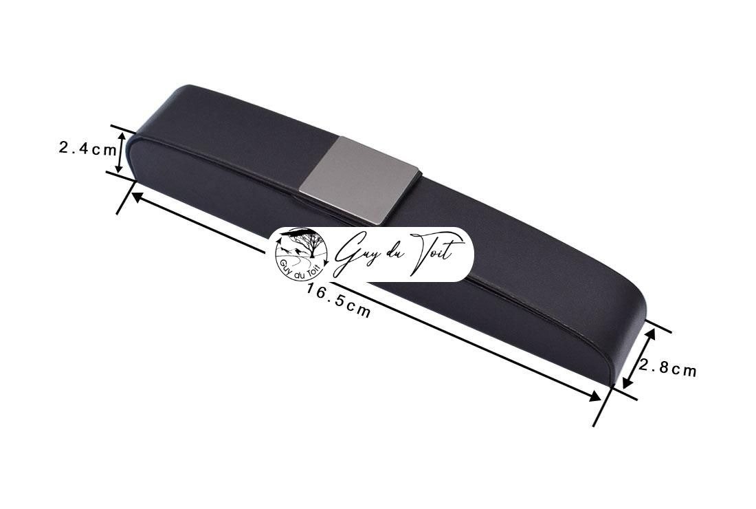 Dimensions of black PU leather pen box with a secure magnetic closure, ideal for displaying handmade wooden pens.