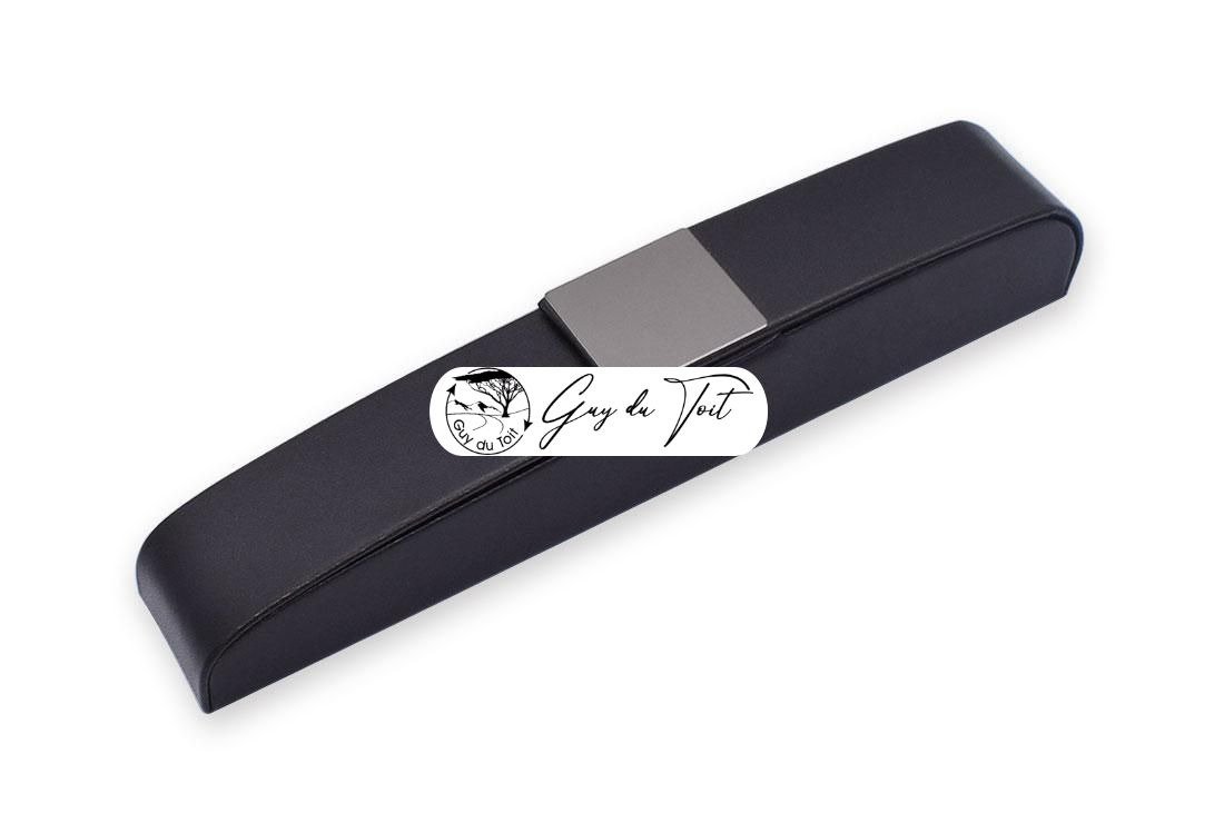 A sleek black PU leather pen box with a secure magnetic closure, ideal for displaying handmade wooden pens.