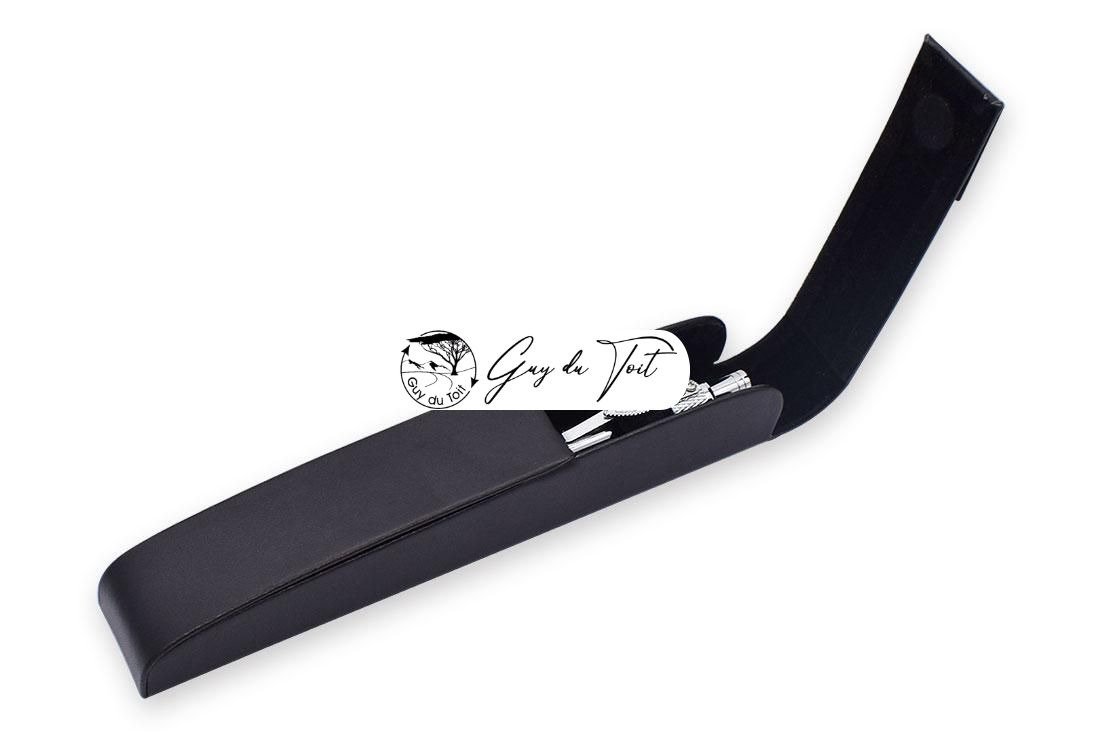 A sleek black PU leather pen box with a secure magnetic closure, ideal for displaying handmade wooden pens.
