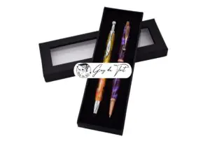 A stylish and protective display box for two handcrafted pens.
