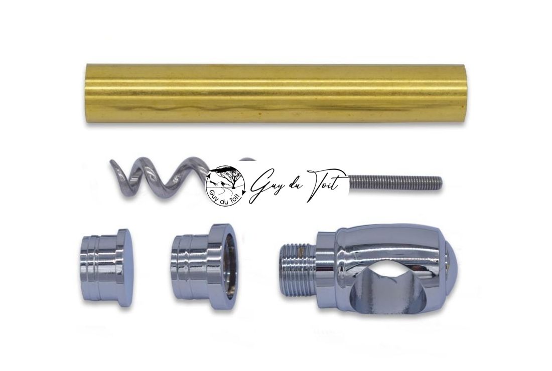 Unassembled T-style corkscrew components in Chrome plating. The image highlights the smooth finish of the metal and the precision threading, emphasizing the quality of the kit before the wooden handle is turned.