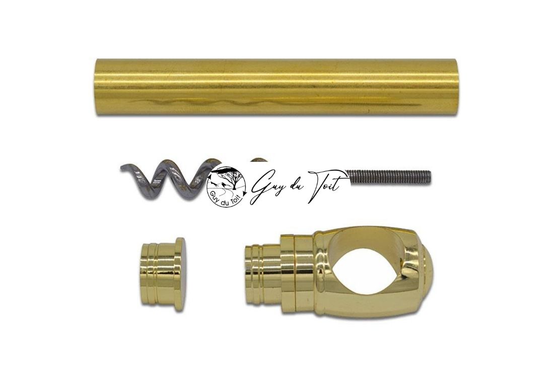 Componentes del sacacorchos estilo T sin montar, chapados en oro. La imagen destaca el acabado liso del metal y el roscado de precisión, resaltando la calidad del kit antes de tornear el mango de madera.