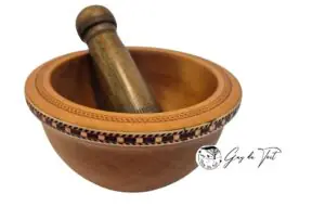 Ancient New Zealand Swamp Kauri Mortar and Pestle set by Guy du Toit, featuring golden kauri mortar with marquetry inlay and rare green kauri pestle.