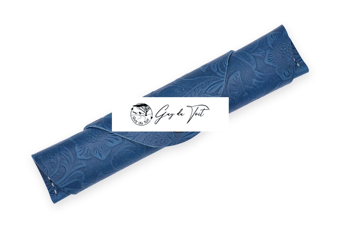 Handcrafted Blue Leather Pen Holder With Flower Pattern