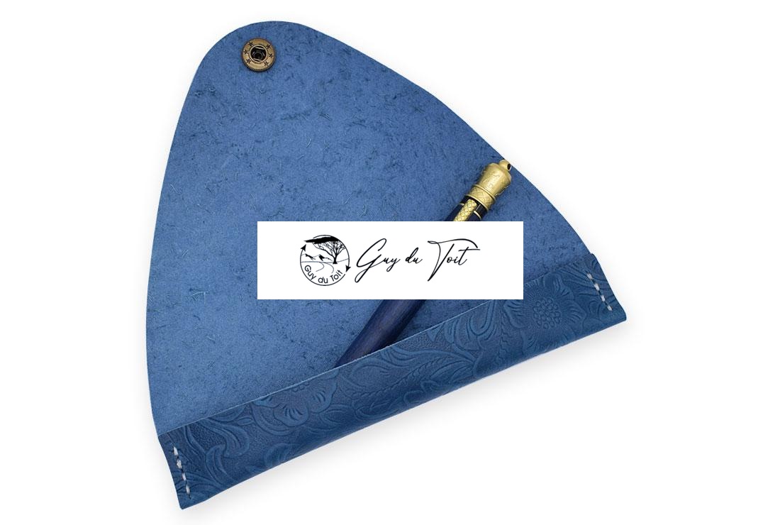 Handcrafted Blue Leather Pen Holder With Flower Pattern - Image 2